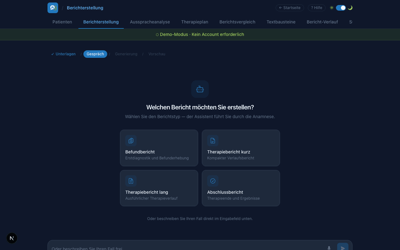 Berichterstellung-Interface mit Auswahl des Berichtstyps — Befundbericht, Therapiebericht, Abschlussbericht